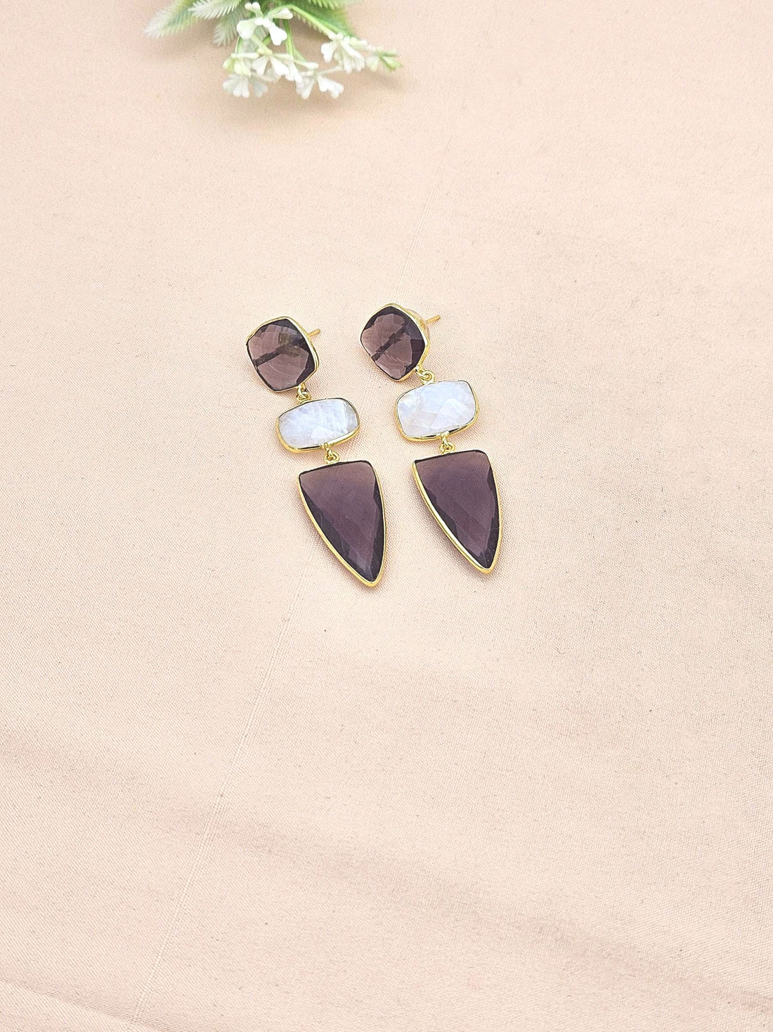 Fine Handcrafted Gold plated White Rainbow-Amethyst stone Charming Designer Dangle Drop Earrings