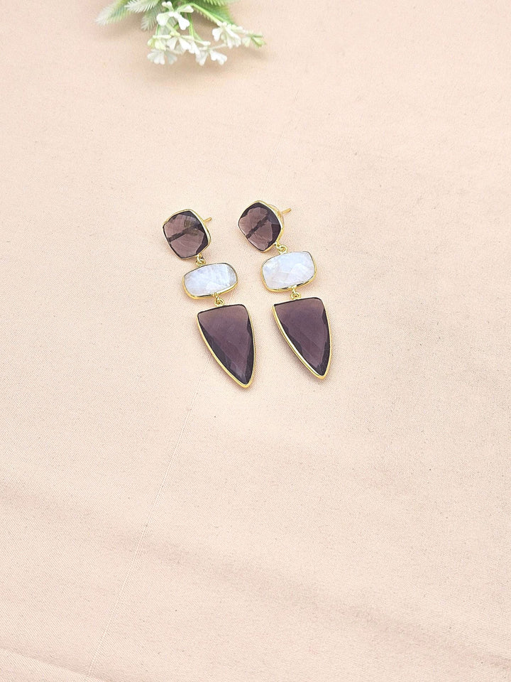 Fine Handcrafted Gold plated White Rainbow-Amethyst stone Charming Designer Dangle Drop Earrings