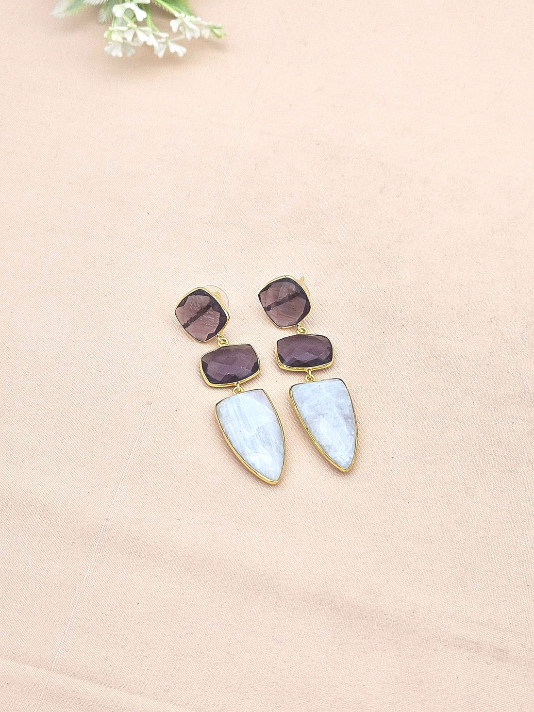 Fine Handcrafted Gold plated Amethyst-White Rainbow stone Charming Designer Dangle Drop Earrings