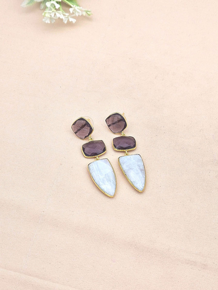 Fine Handcrafted Gold plated Amethyst-White Rainbow stone Charming Designer Dangle Drop Earrings