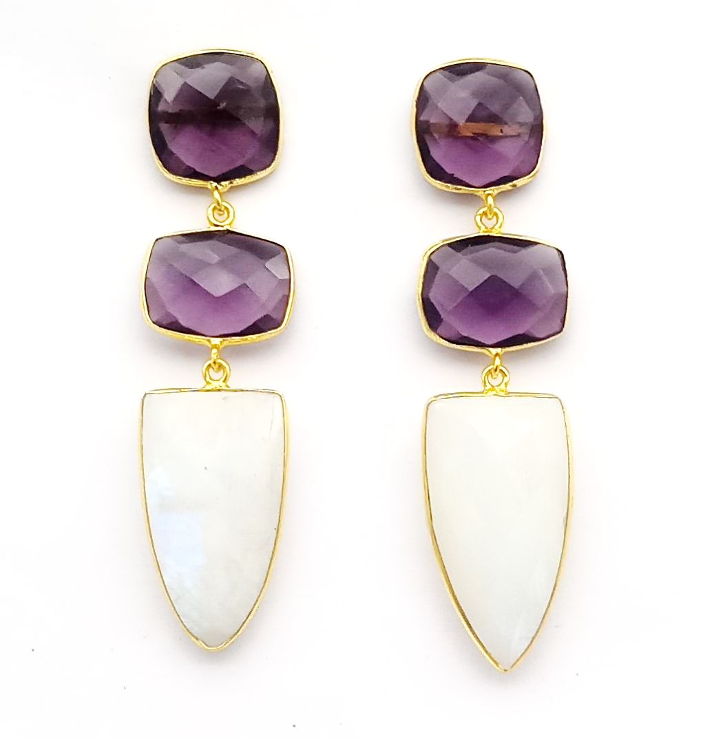 Fine Handcrafted Gold plated Amethyst-White Rainbow stone Charming Designer Dangle Drop Earrings