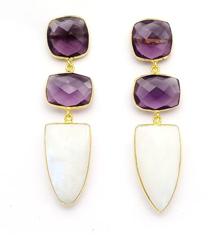 Fine Handcrafted Gold plated Amethyst-White Rainbow stone Charming Designer Dangle Drop Earrings