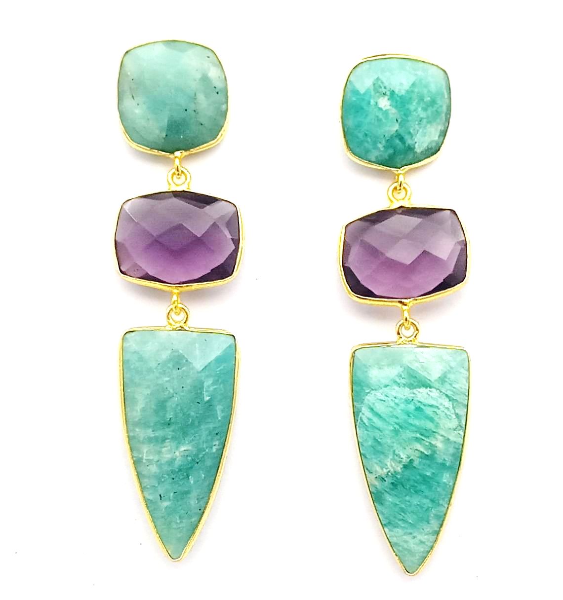 Fine Handcrafted Gold plated Amethyst-Amazonite stone Charming Designer Dangle Drop Earrings