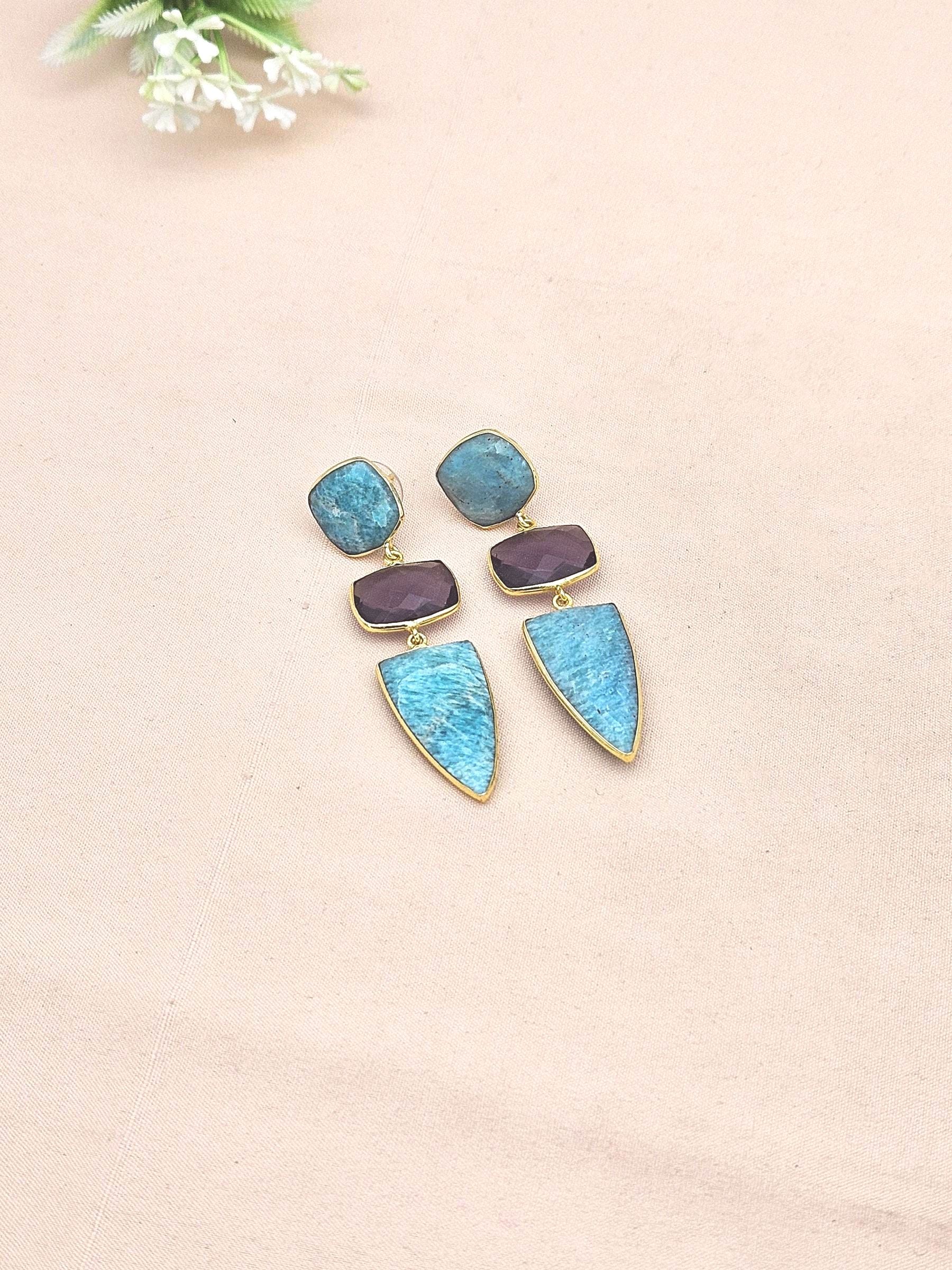 Fine Handcrafted Gold plated Amethyst-Amazonite stone Charming Designer Dangle Drop Earrings