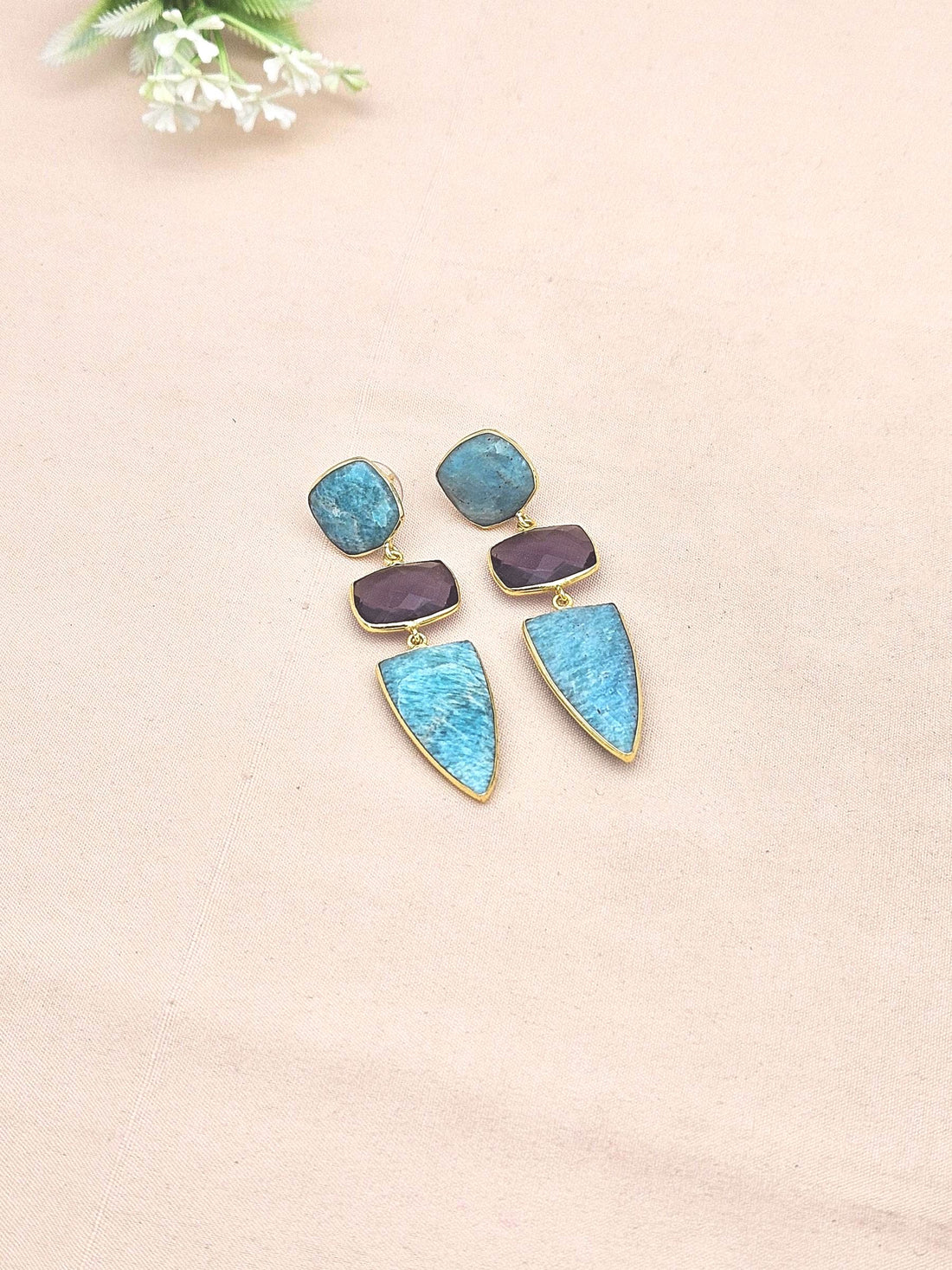Fine Handcrafted Gold plated Amethyst-Amazonite stone Charming Designer Dangle Drop Earrings