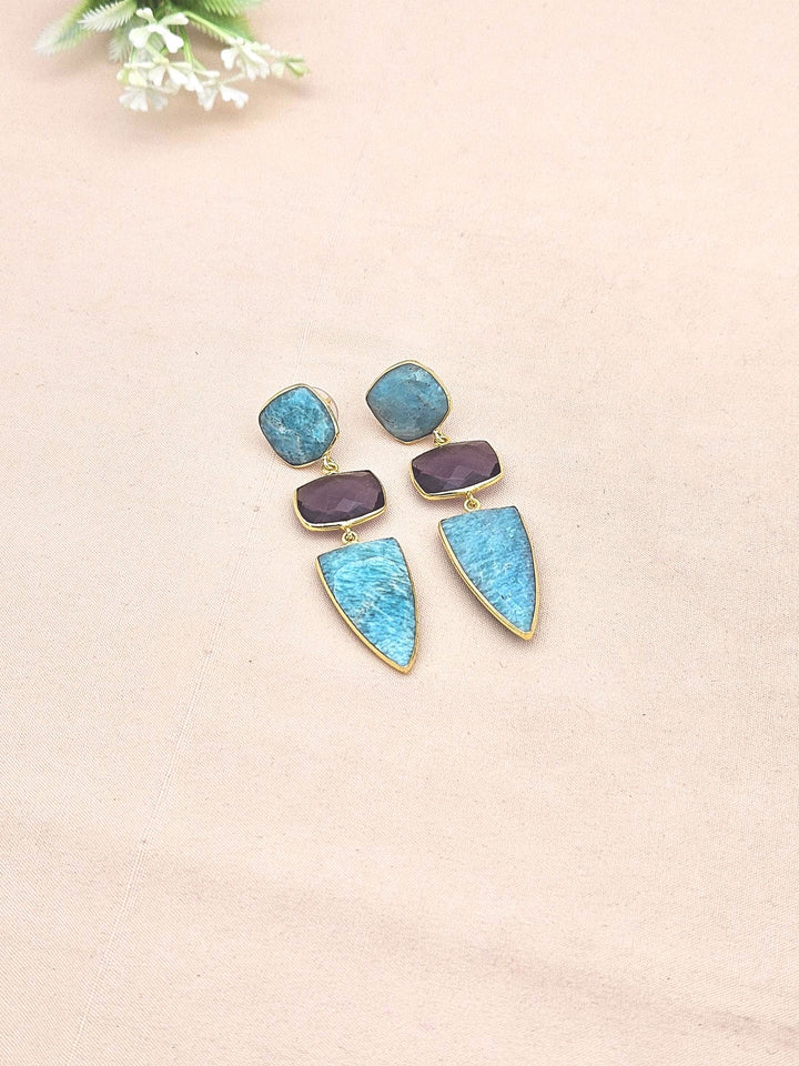 Fine Handcrafted Gold plated Amethyst-Amazonite stone Charming Designer Dangle Drop Earrings