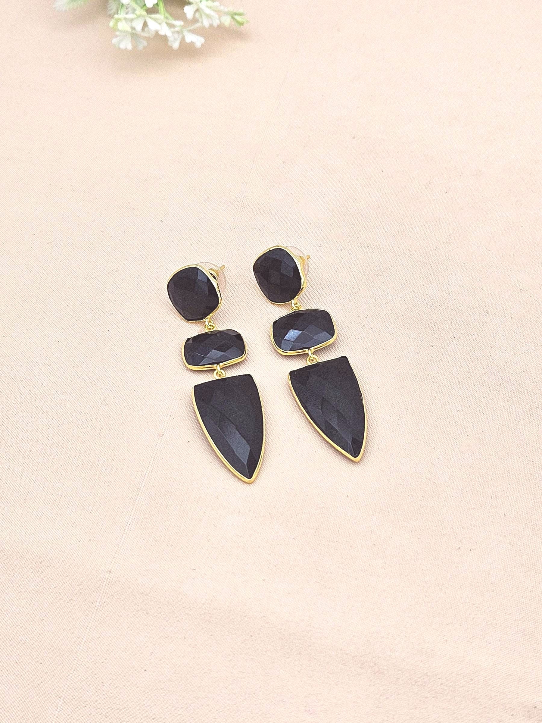Fine Handcrafted Gold plated Black Onyx stone Charming Designer Dangle Drop Earrings