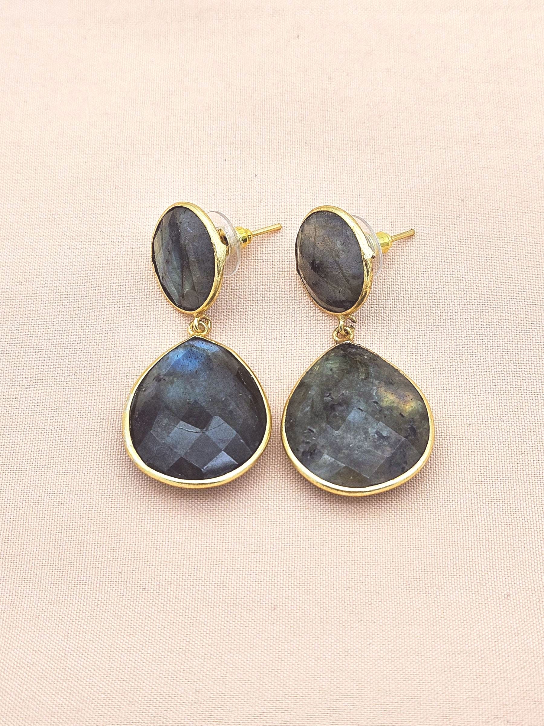 Awesome Gold Plated Fine Labradorite Bezel Setting Designer Light Weight Dangle Drop Earrings