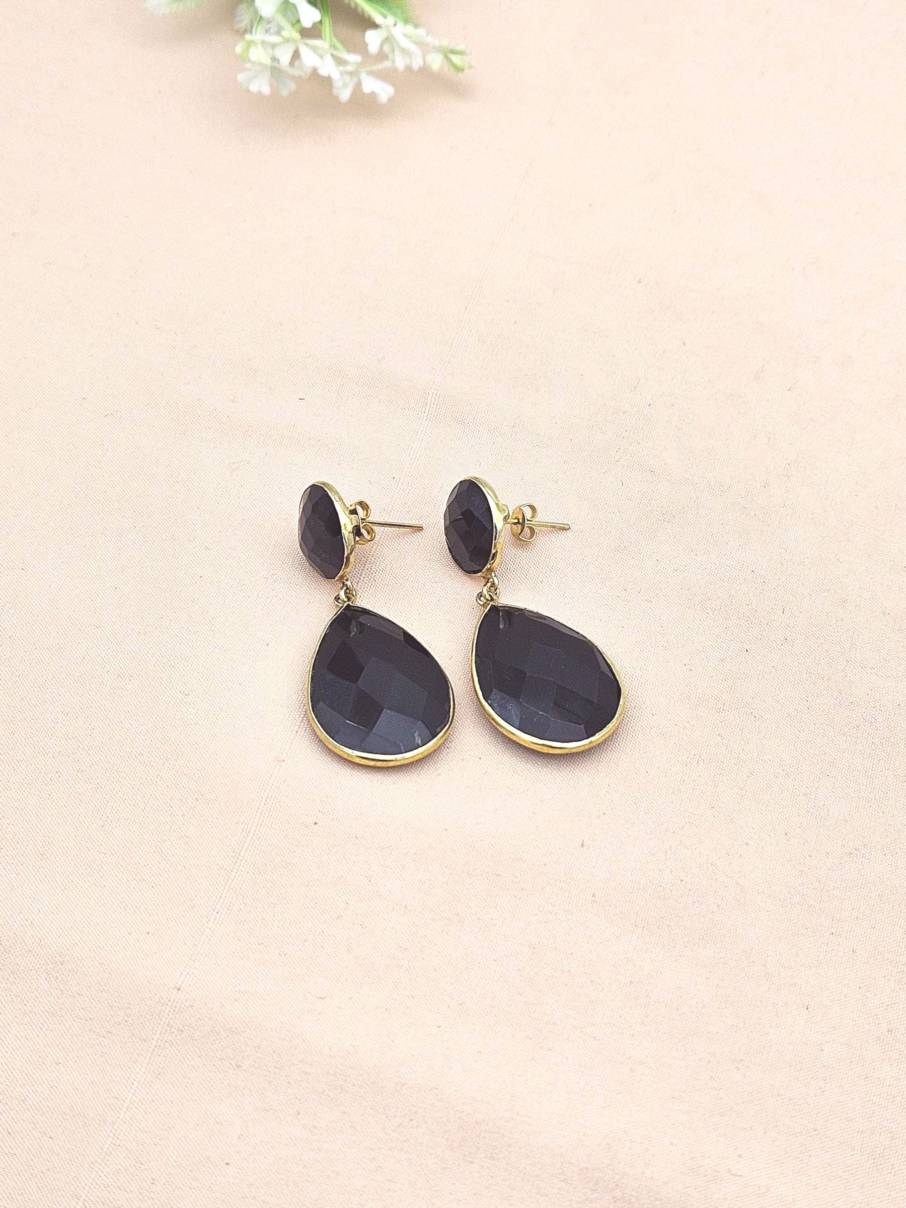 Fine Handcrafted Gold plated Black Onyx stone light weight Dangle Drop Earrings