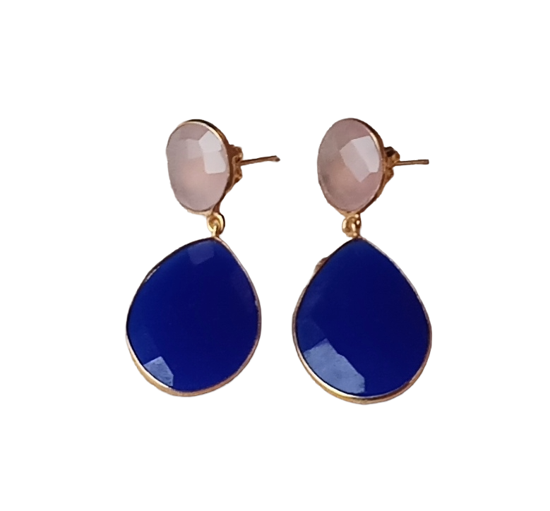 Fine Handcrafted Gold plated Blue Onyx Rose Quartz stone light weight Dangle Drop Earrings