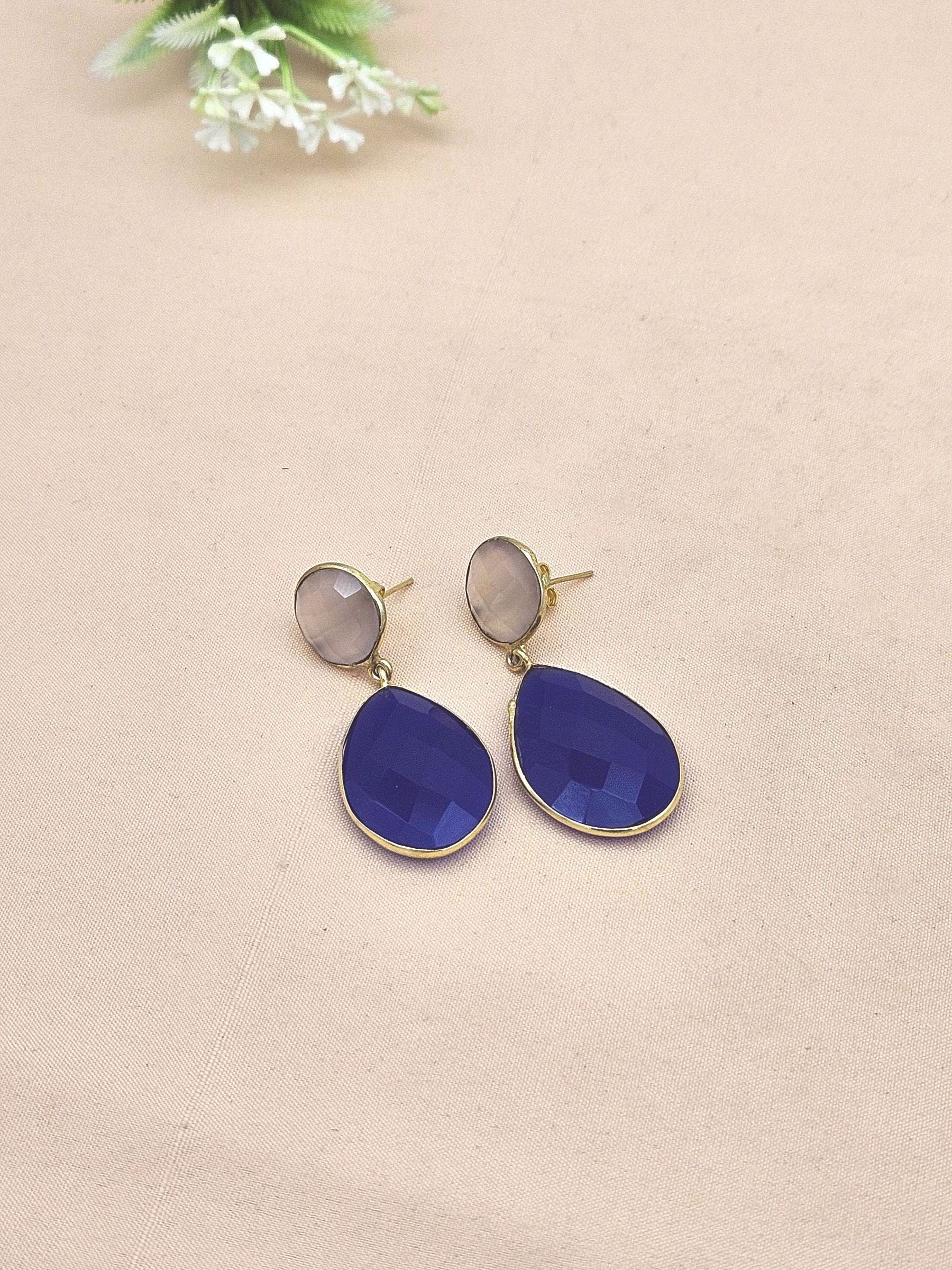 Fine Handcrafted Gold plated Blue Onyx Rose Quartz stone light weight Dangle Drop Earrings