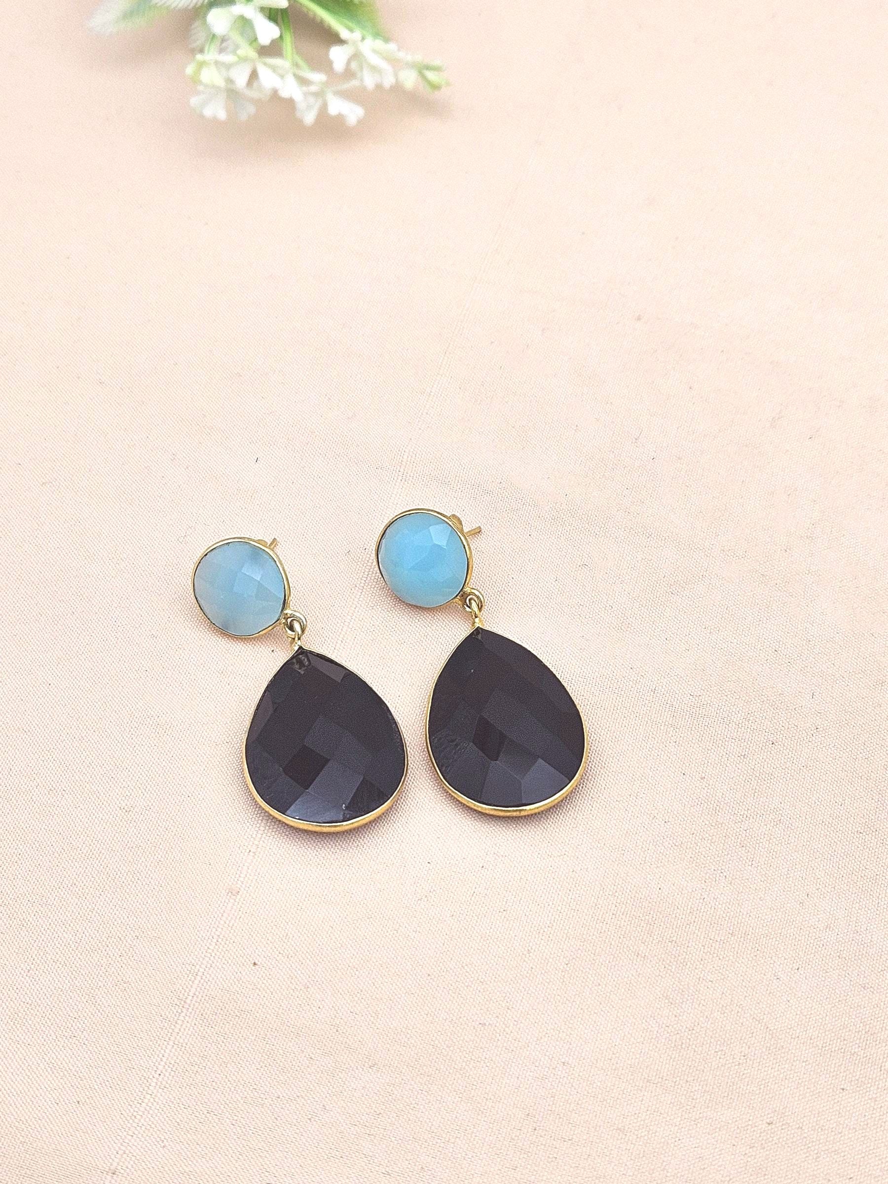 Fine Handcrafted Gold plated Black Onyx-Chalcedony stone light weight Dangle Drop Earrings
