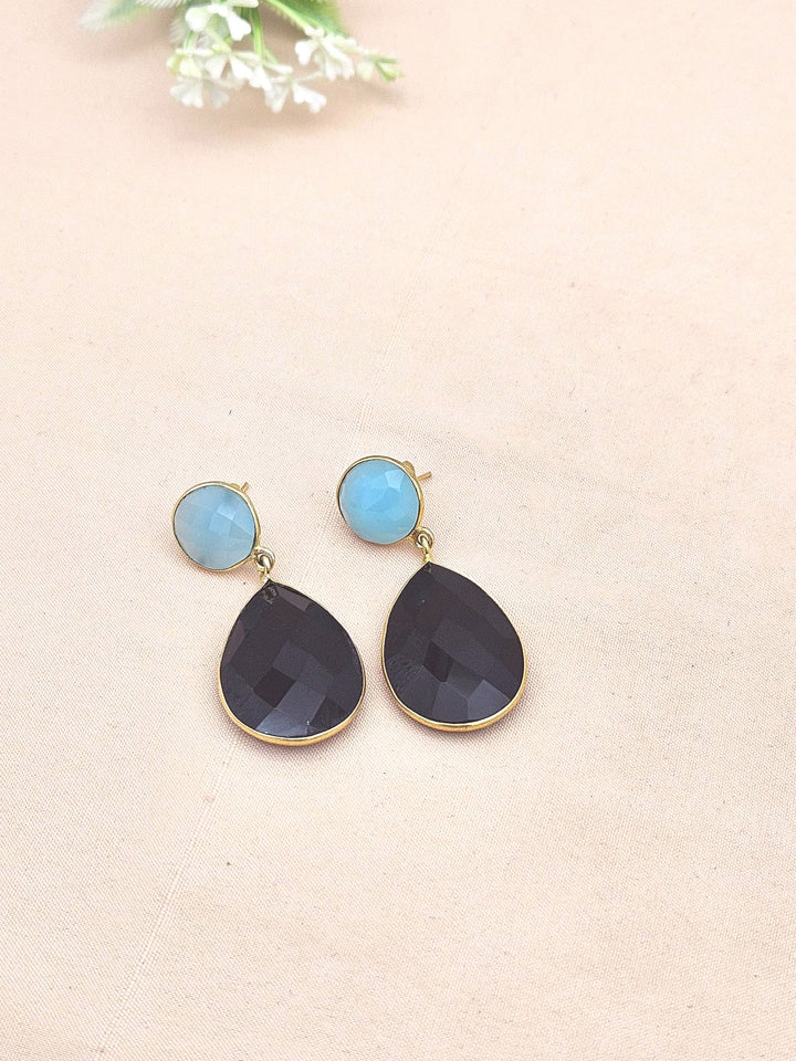 Fine Handcrafted Gold plated Black Onyx-Chalcedony stone light weight Dangle Drop Earrings