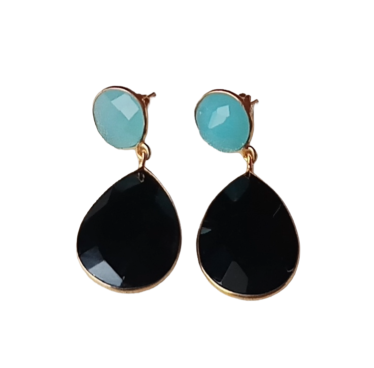 Fine Handcrafted Gold plated Black Onyx-Chalcedony stone light weight Dangle Drop Earrings