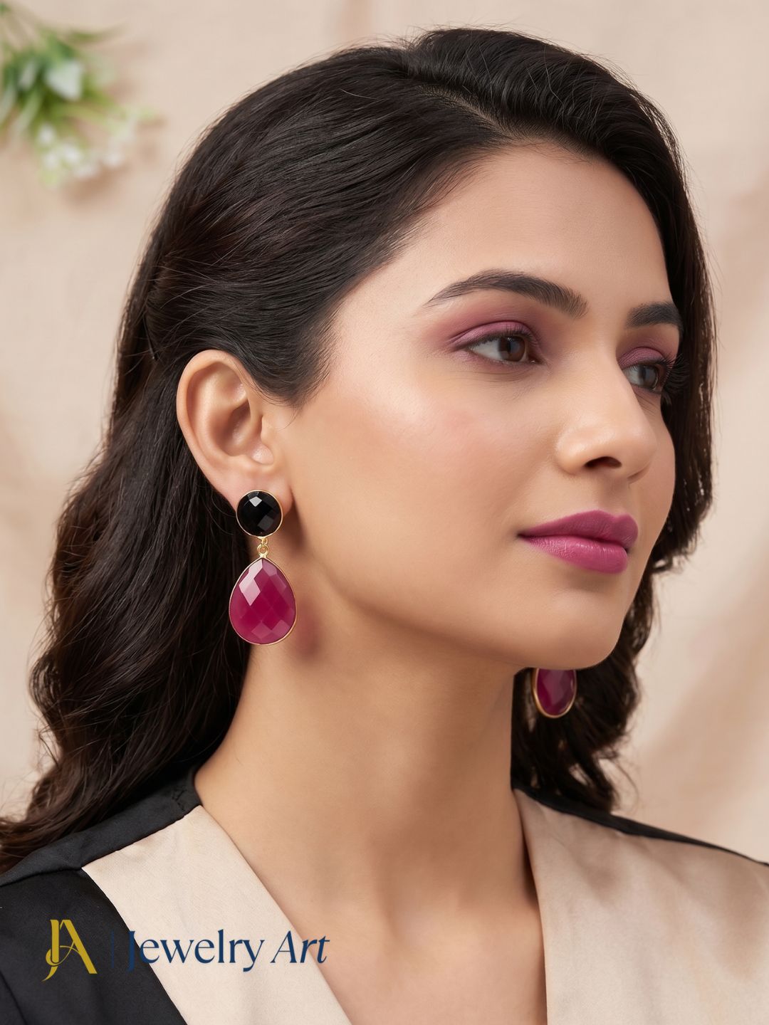 Fine Handcrafted Gold plated Magenta-Black Onyx stone light weight Dangle Drop Earrings