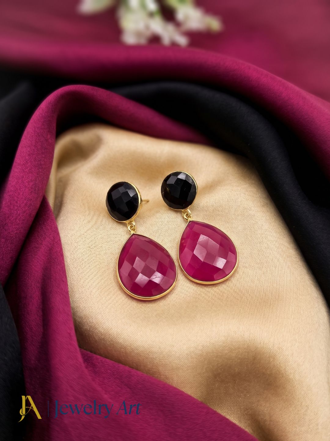 Fine Handcrafted Gold plated Magenta-Black Onyx stone light weight Dangle Drop Earrings