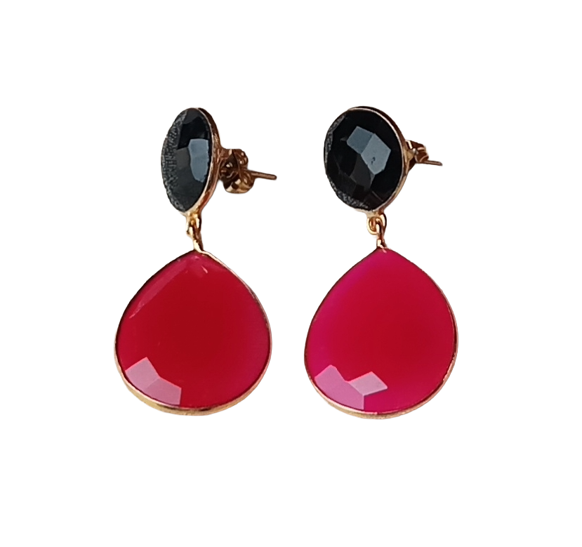 Fine Handcrafted Gold plated Magenta-Black Onyx stone light weight Dangle Drop Earrings