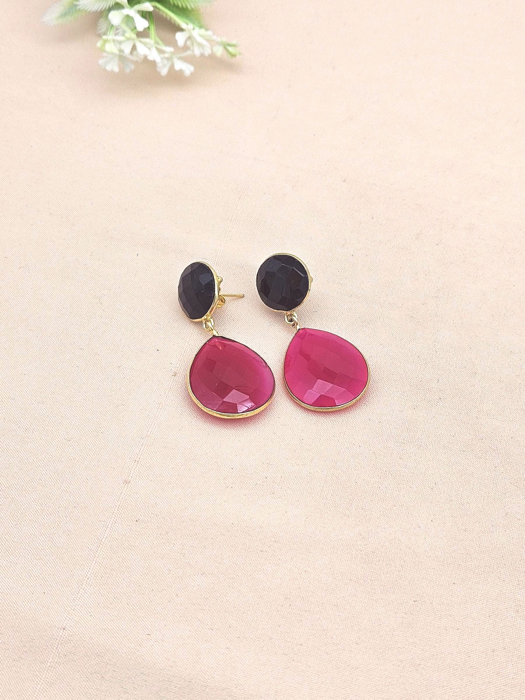 Fine Handcrafted Gold plated Magenta-Black Onyx stone light weight Dangle Drop Earrings