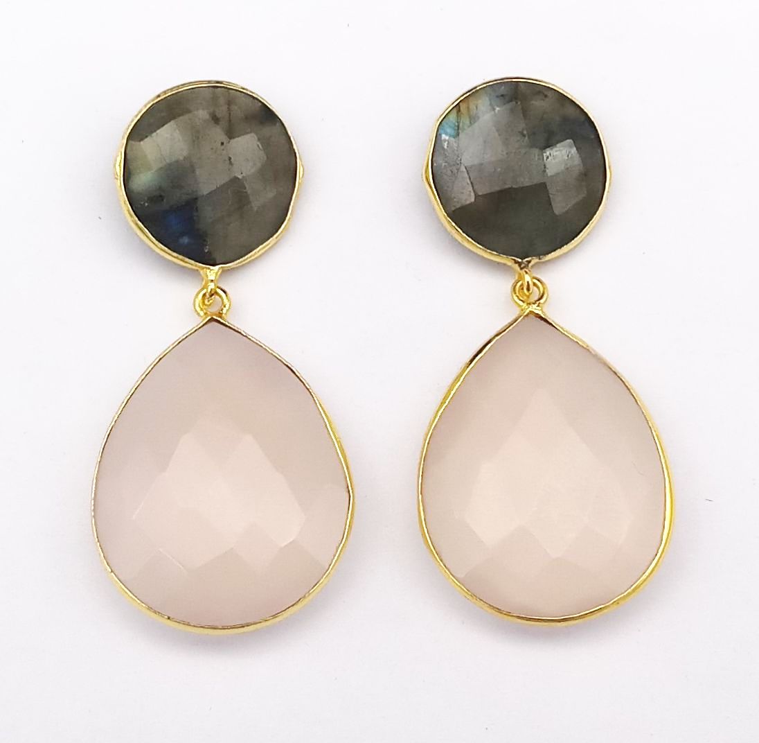 Fine Handcrafted Gold plated Labradorite-Rose Quartz stone light weight Dangle Drop Earrings