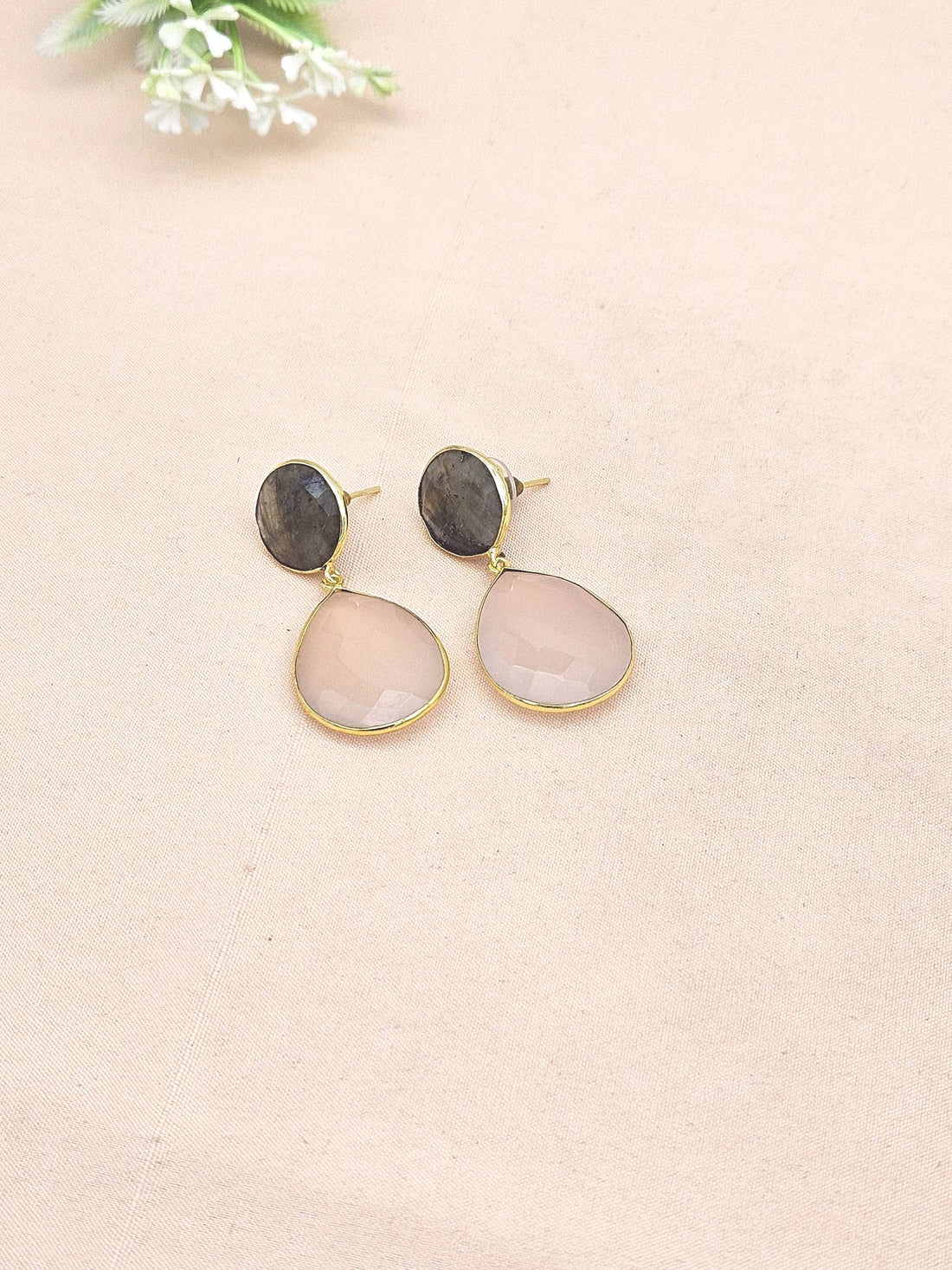 Fine Handcrafted Gold plated Labradorite-Rose Quartz stone light weight Dangle Drop Earrings