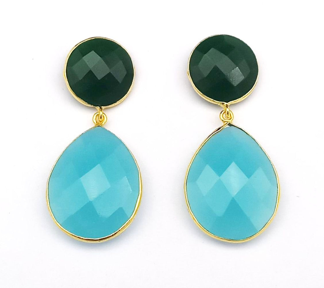 Fine Handcrafted Gold plated Green Onyx-Chalcedony stone light weight Dangle Drop Earrings