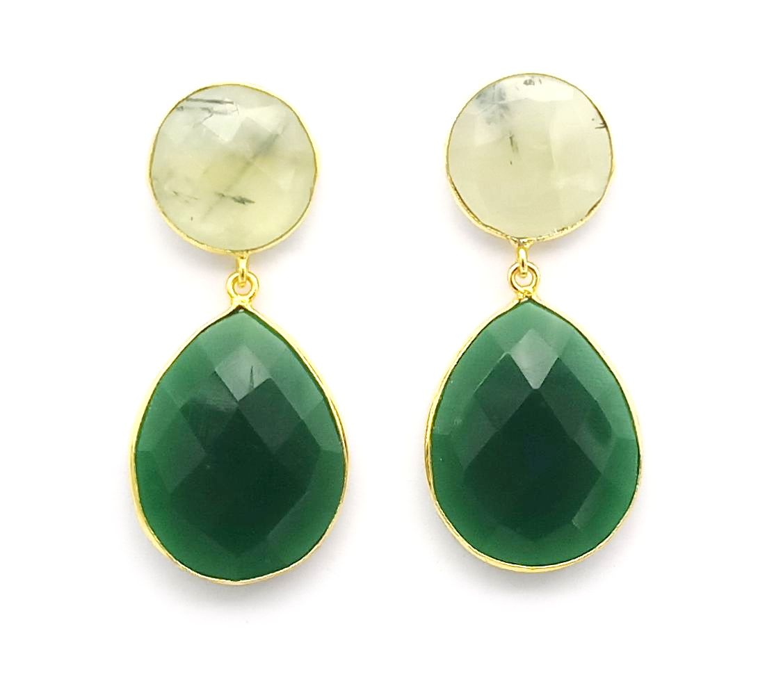 Fine Handcrafted Gold plated Prehnite-Green Onyx stone light weight Dangle Drop Earrings