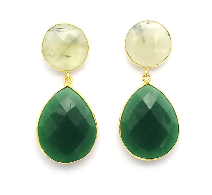 Fine Handcrafted Gold plated Prehnite-Green Onyx stone light weight Dangle Drop Earrings