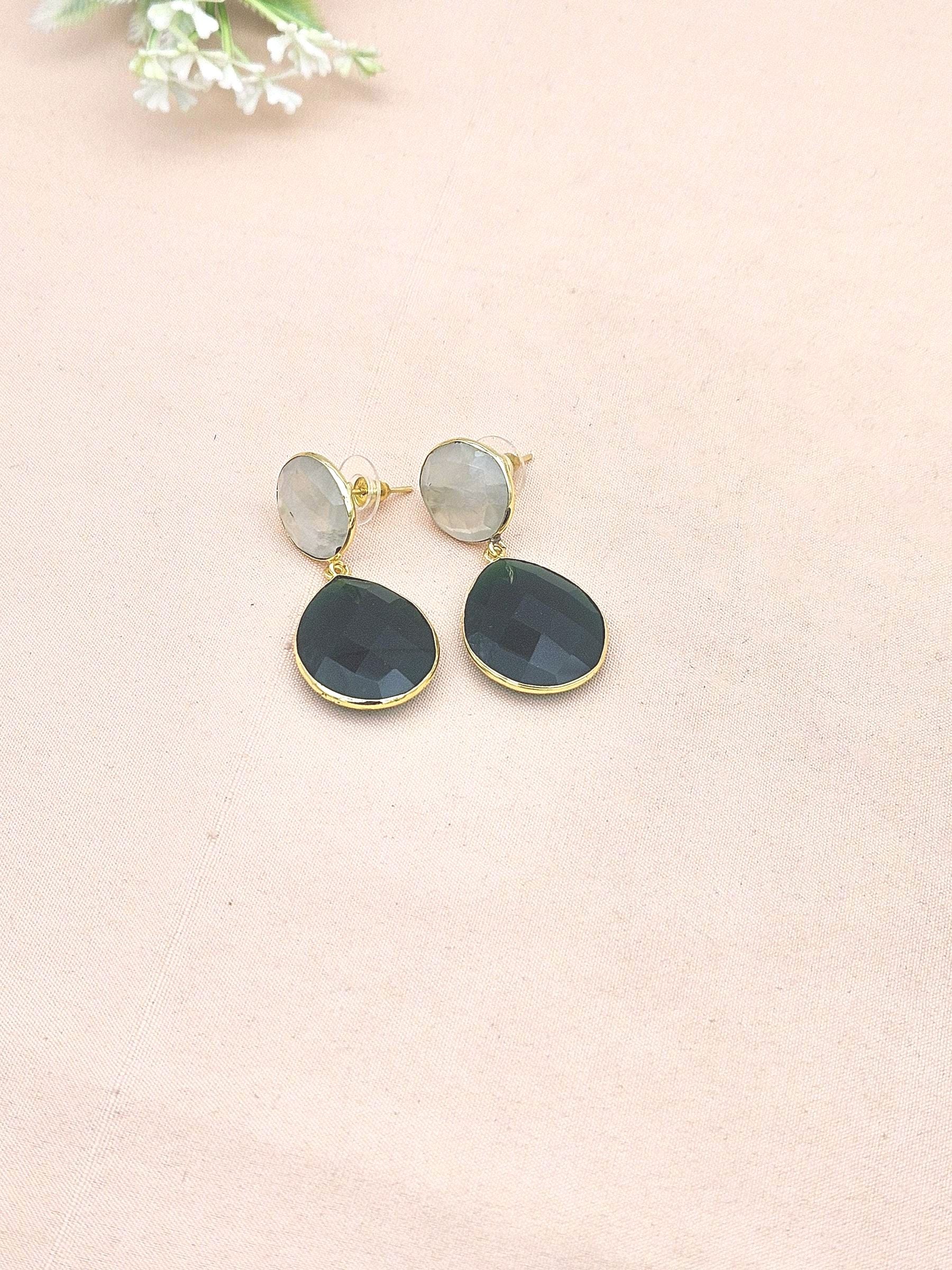 Fine Handcrafted Gold plated Prehnite-Green Onyx stone light weight Dangle Drop Earrings