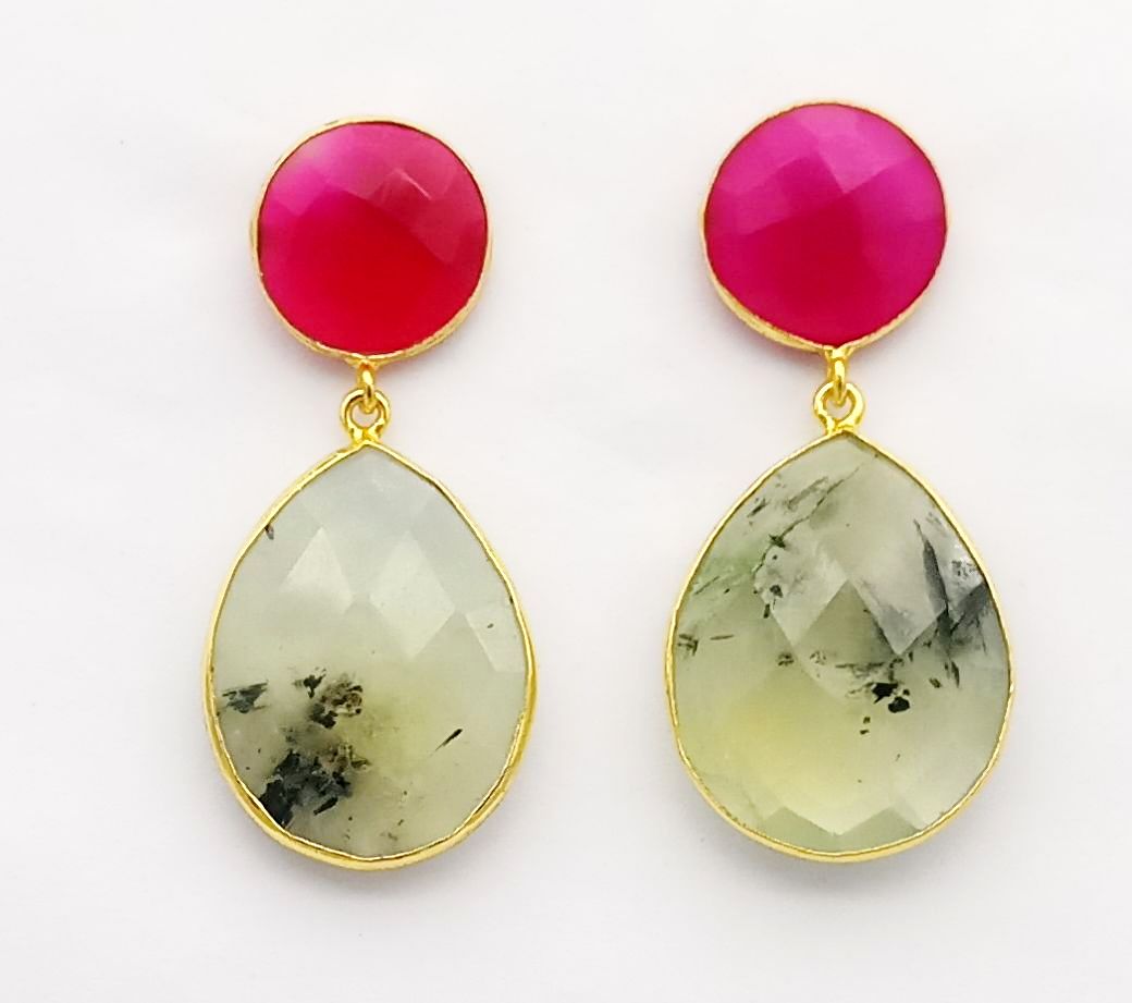 Fine Handcrafted Gold plated Magenta Onyx-Prehnite stone light weight Dangle Drop Earrings
