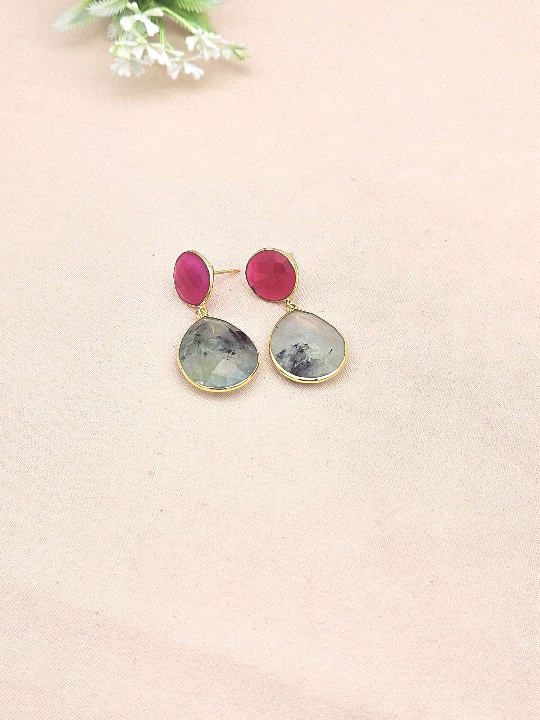 Fine Handcrafted Gold plated Magenta Onyx-Prehnite stone light weight Dangle Drop Earrings