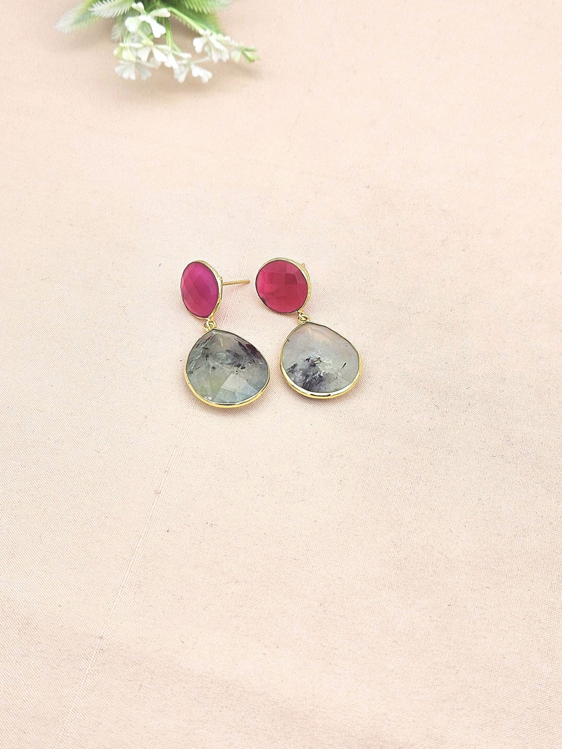 Fine Handcrafted Gold plated Magenta Onyx-Prehnite stone light weight Dangle Drop Earrings