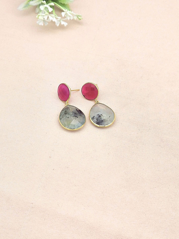 Fine Handcrafted Gold plated Magenta Onyx-Prehnite stone light weight Dangle Drop Earrings
