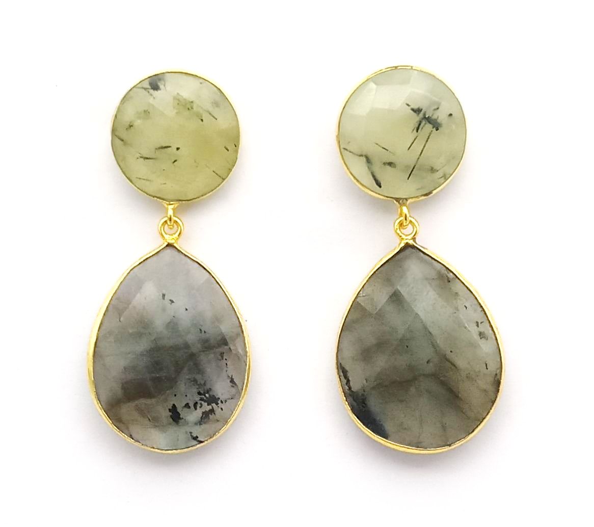 Fine Handcrafted Gold plated Prehnite-Labradorite stone light weight Dangle Drop Earrings