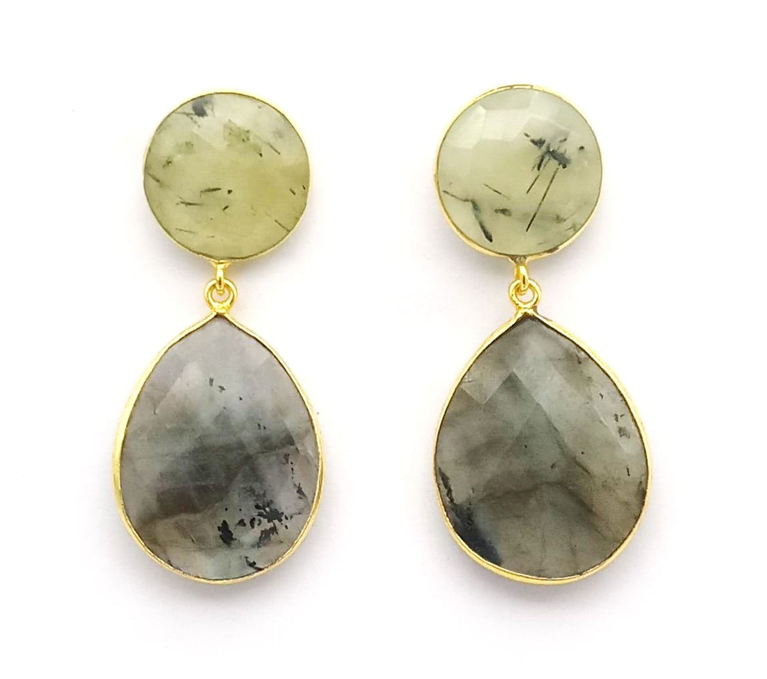 Fine Handcrafted Gold plated Prehnite-Labradorite stone light weight Dangle Drop Earrings