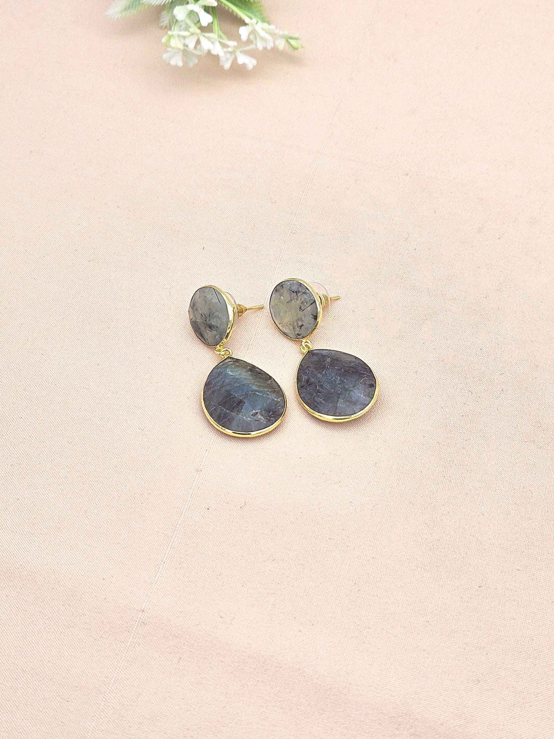 Fine Handcrafted Gold plated Prehnite-Labradorite stone light weight Dangle Drop Earrings