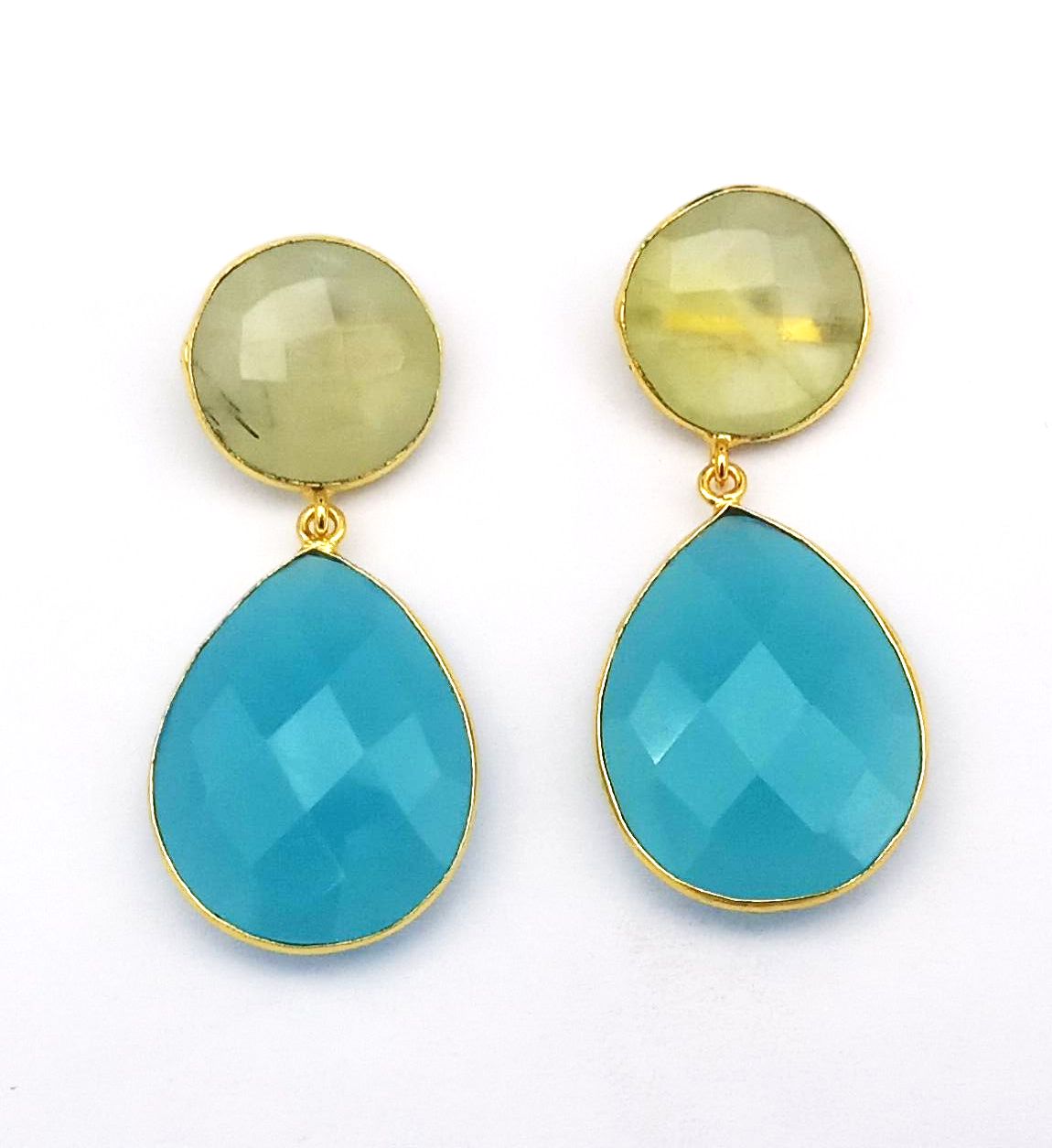 Fine Handcrafted Gold plated Prehnite-Chalcedony stone light weight Dangle Drop Earrings
