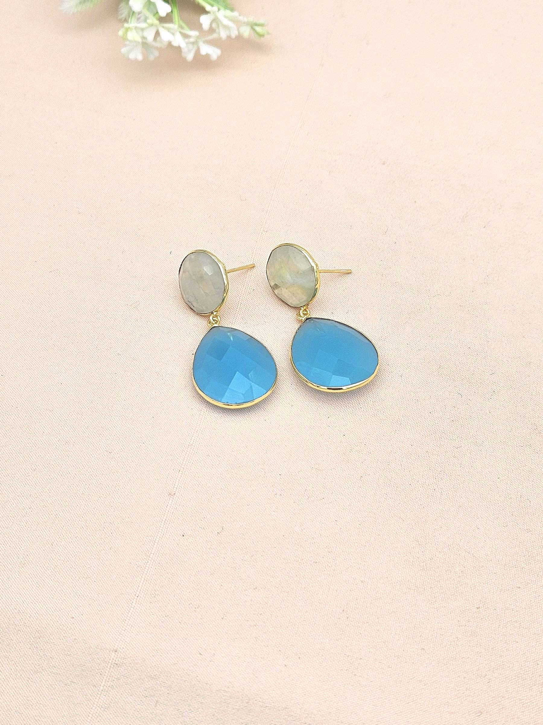 Fine Handcrafted Gold plated Prehnite-Chalcedony stone light weight Dangle Drop Earrings
