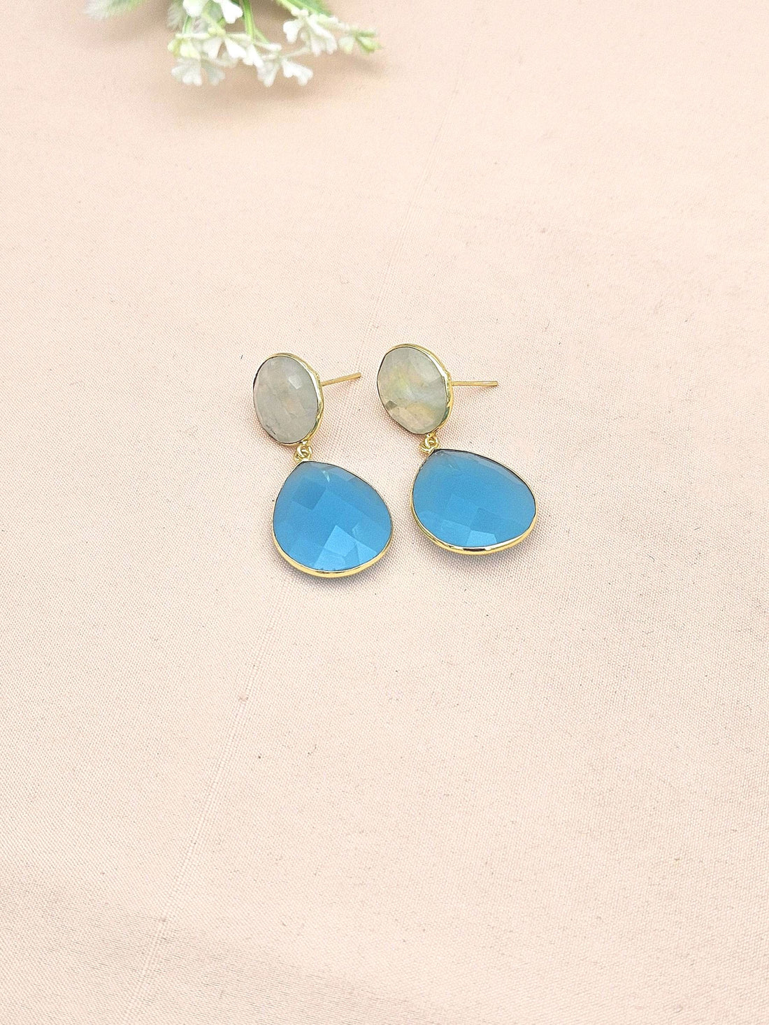 Fine Handcrafted Gold plated Prehnite-Chalcedony stone light weight Dangle Drop Earrings