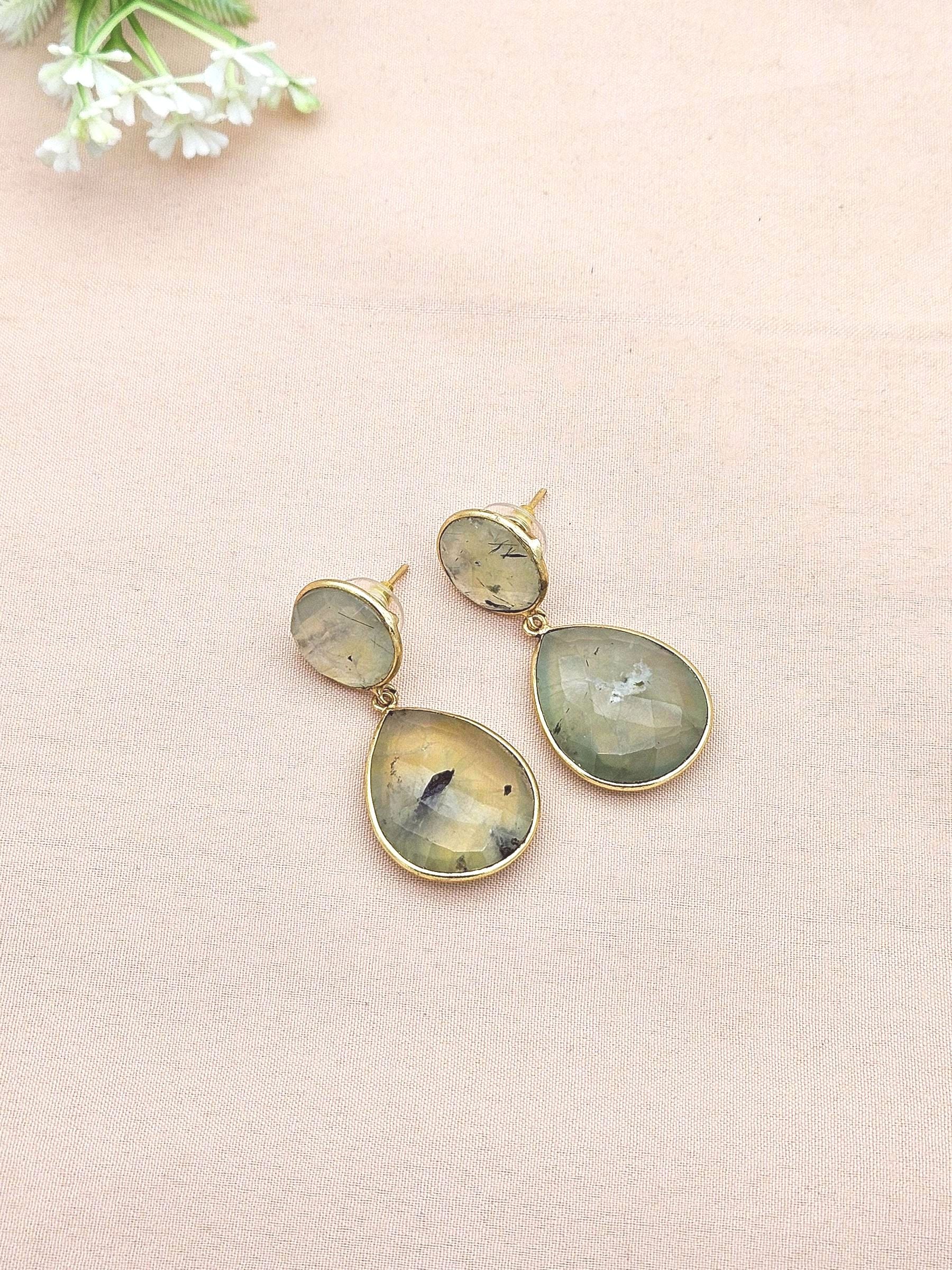 Awesome Gold Plated Fine Prehnite Bezel Setting Designer Light Weight Dangle Drop Earrings