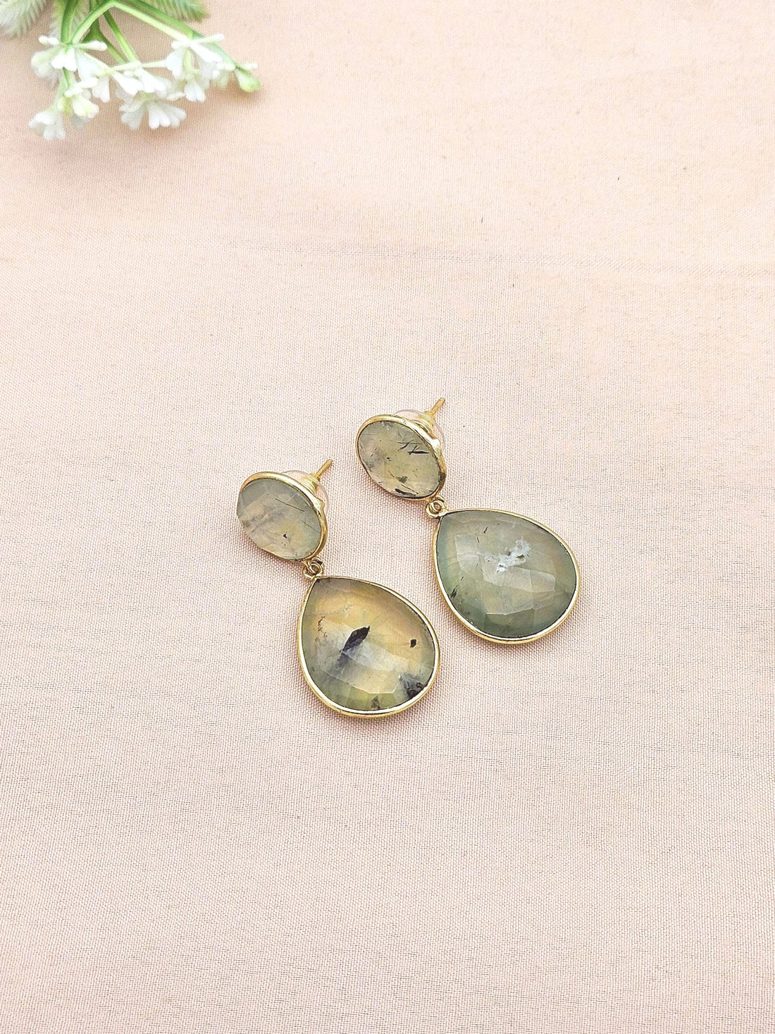 Awesome Gold Plated Fine Prehnite Bezel Setting Designer Light Weight Dangle Drop Earrings