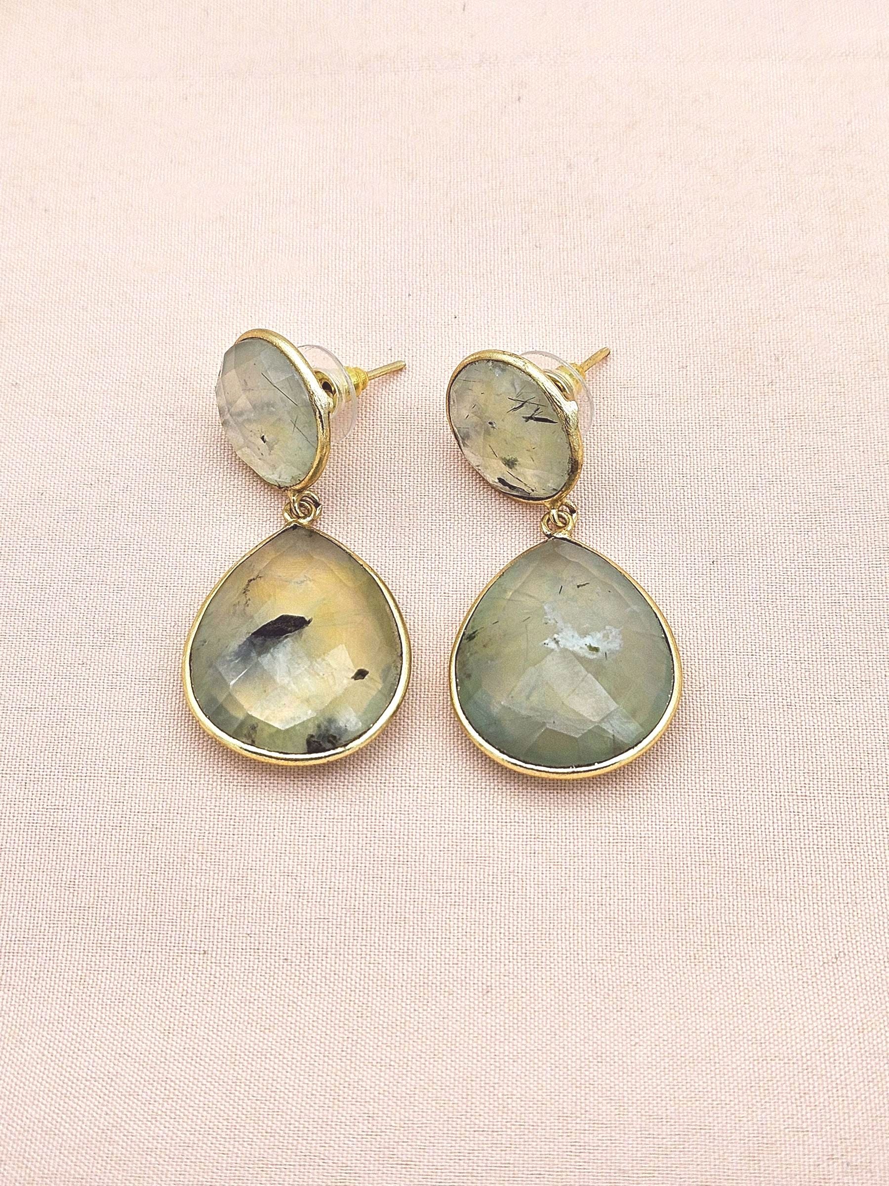 Awesome Gold Plated Fine Prehnite Bezel Setting Designer Light Weight Dangle Drop Earrings