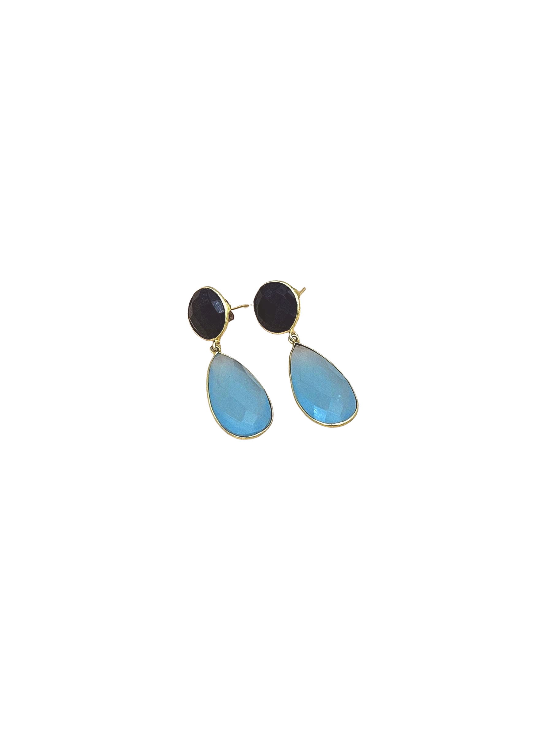 Handcrafted Gold plated Black Onyx- Chalcedony light weight Bezel Designer Dangle Drop Earrings
