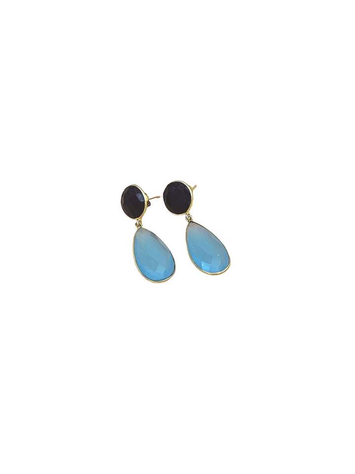 Handcrafted Gold plated Black Onyx- Chalcedony light weight Bezel Designer Dangle Drop Earrings
