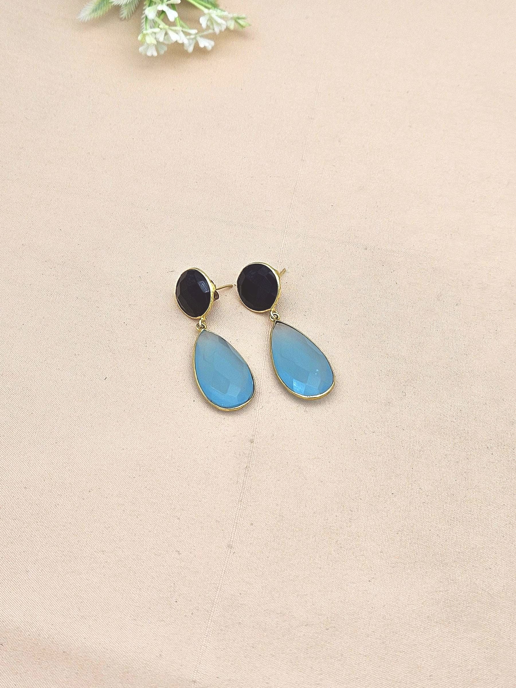 Handcrafted Gold plated Black Onyx- Chalcedony light weight Bezel Designer Dangle Drop Earrings