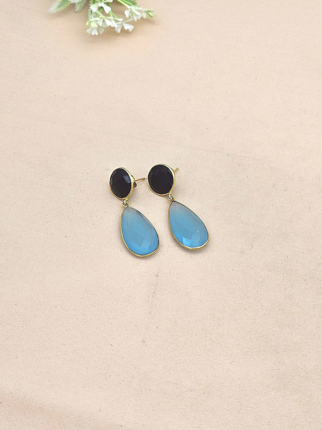Handcrafted Gold plated Black Onyx- Chalcedony light weight Bezel Designer Dangle Drop Earrings