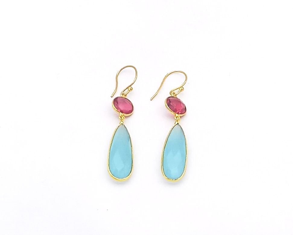 Handcrafted Gold plated Chalcedony-Magenta Glass light weight Bezel Designer Dangle Drop Earrings