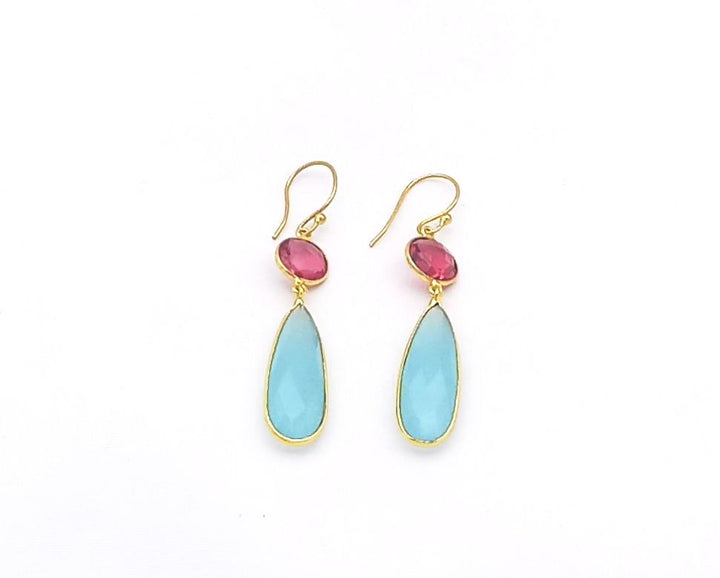 Handcrafted Gold plated Chalcedony-Magenta Glass light weight Bezel Designer Dangle Drop Earrings