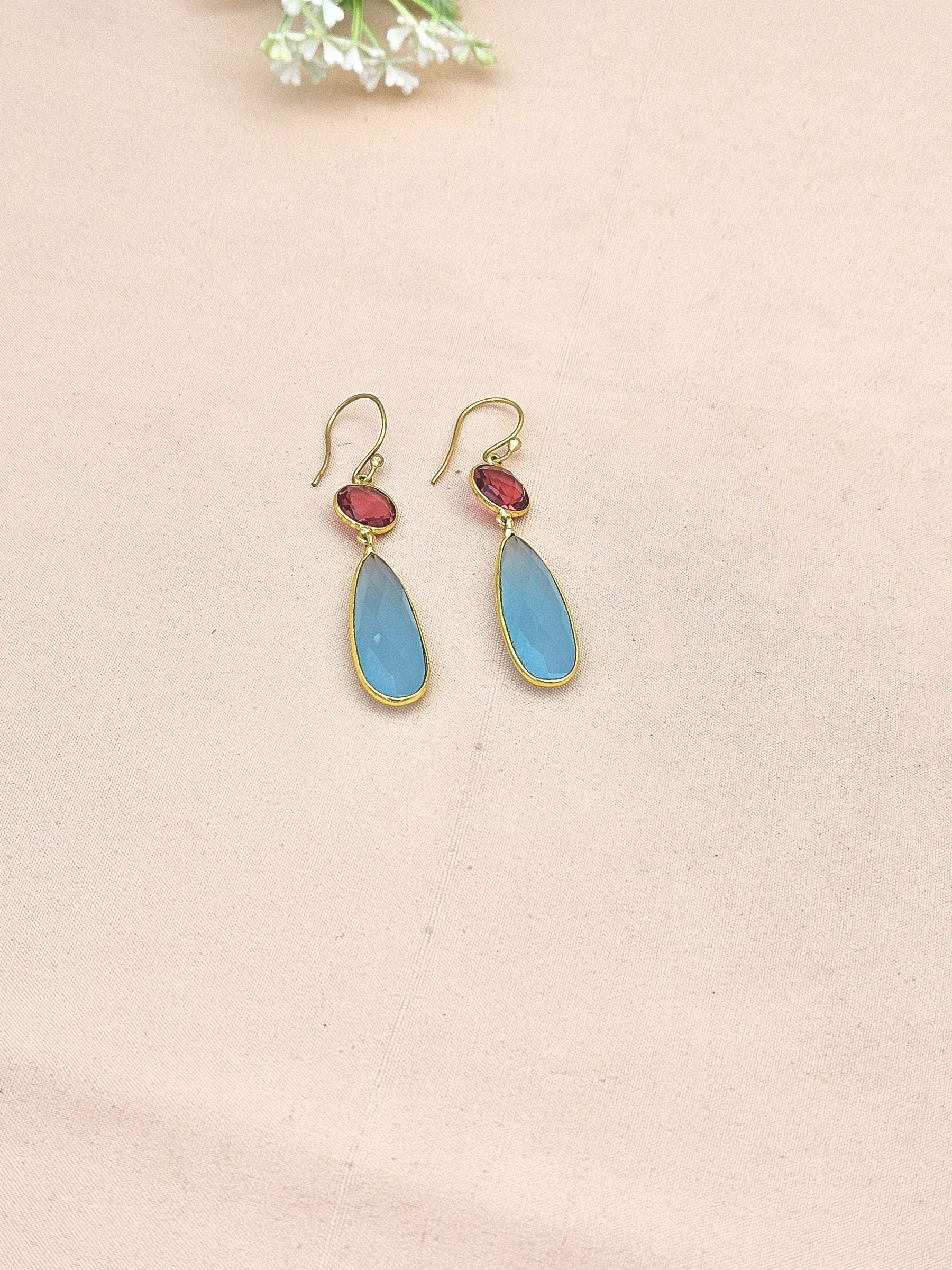 Handcrafted Gold plated Chalcedony-Magenta Glass light weight Bezel Designer Dangle Drop Earrings