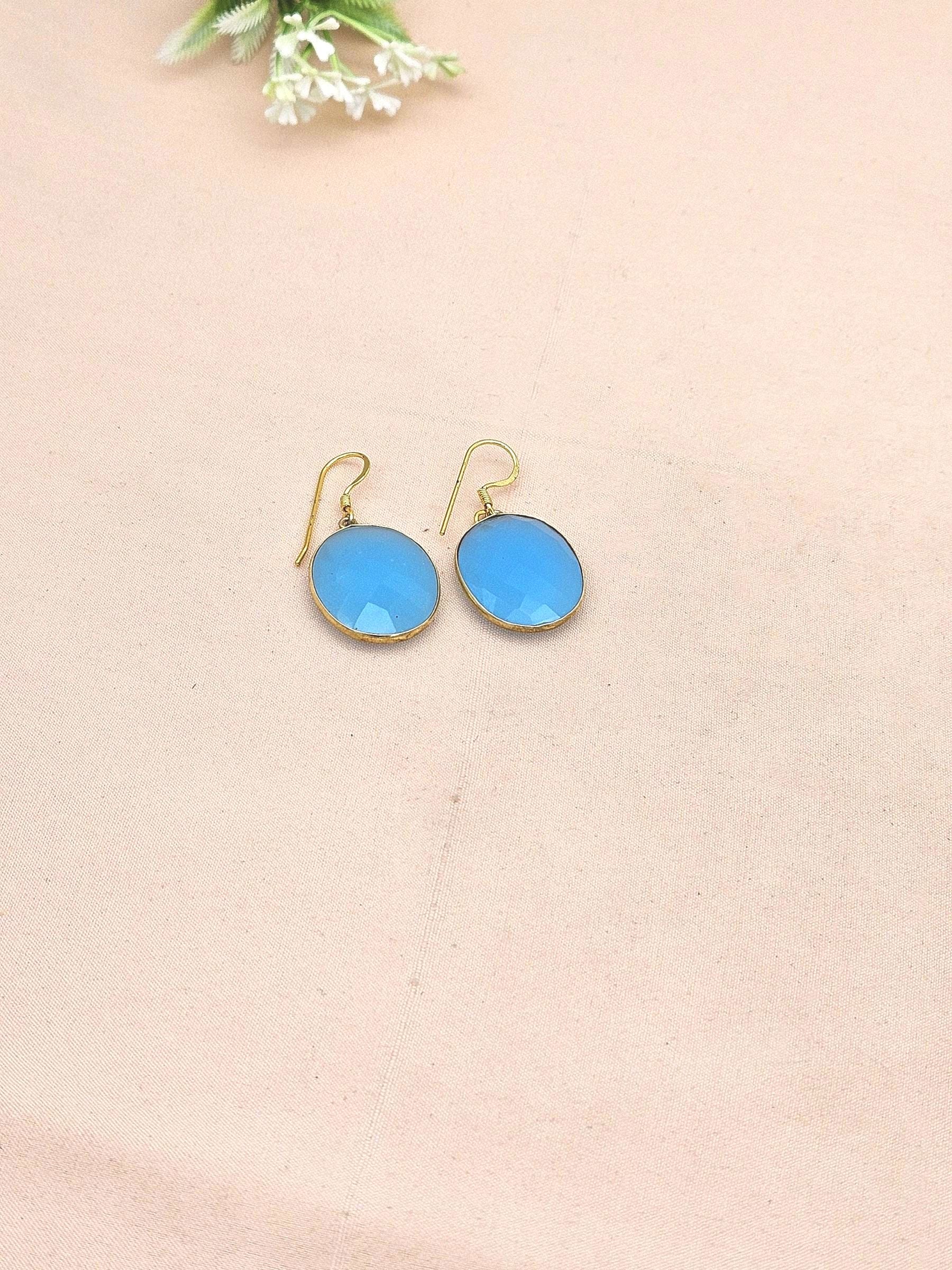 Handcrafted Gold plated Chalcedony light weight Bezel Designer Dangle Drop Earrings
