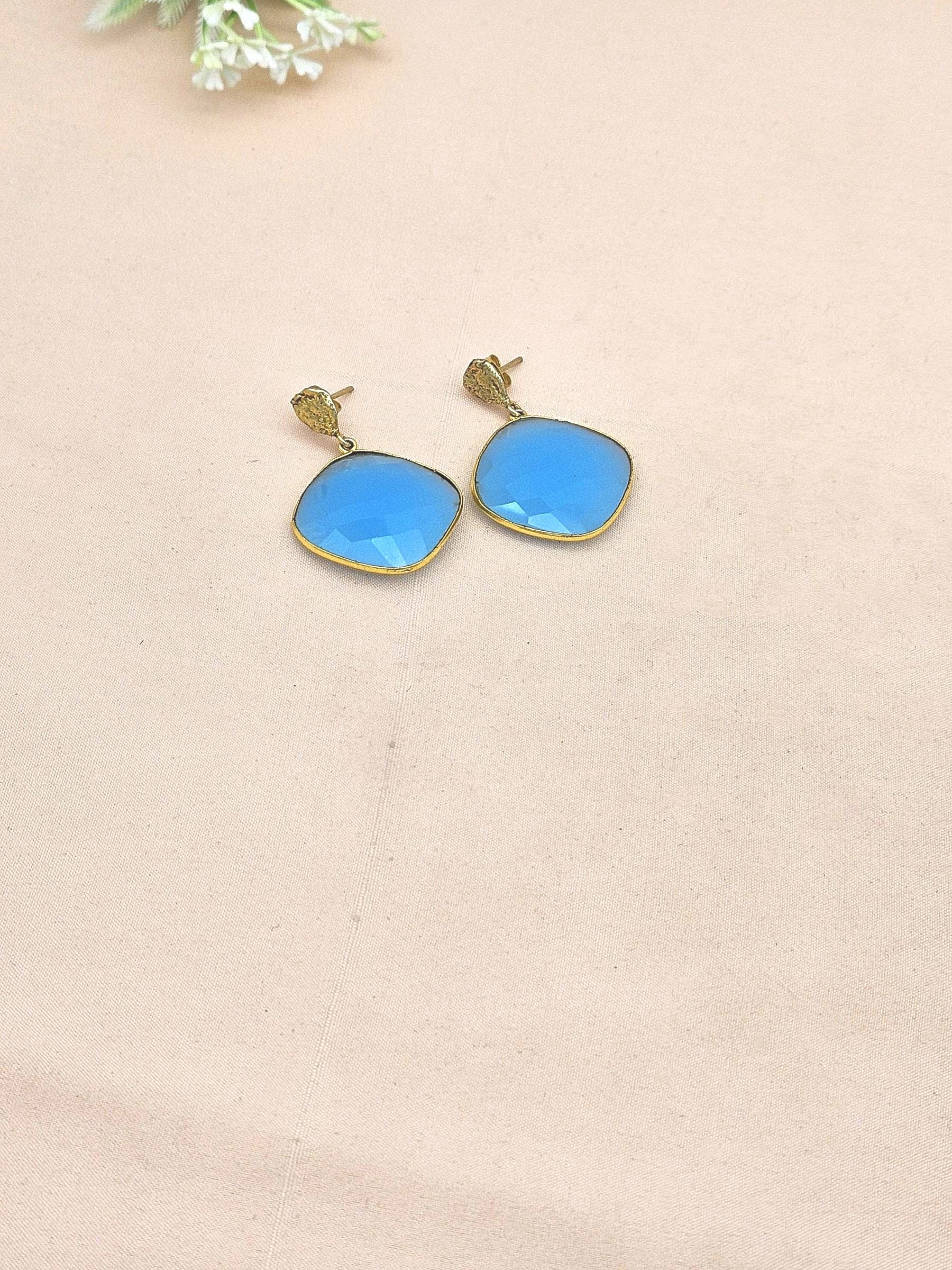 Handcrafted Gold plated Chalcedony light weight Bezel Designer Dangle Drop Earrings